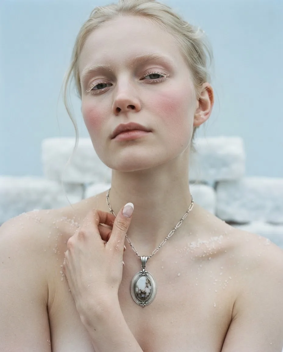 Model wearing a Sol silver pendant with a natural stone in a cold winter palette