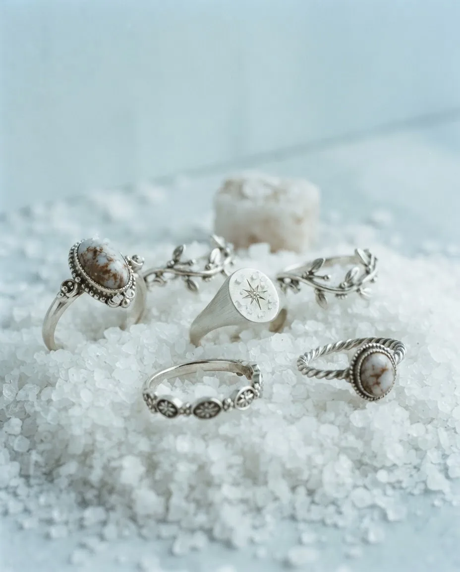 Flat lay of five Sol silver rings with natural stones on sea salt